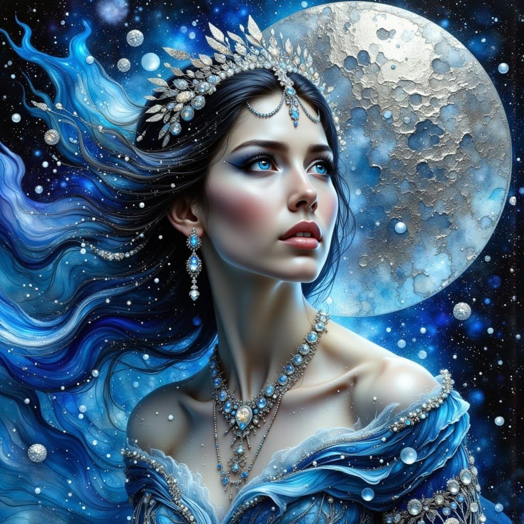 Ethereal Goddess in Shimmering Silver and Blue