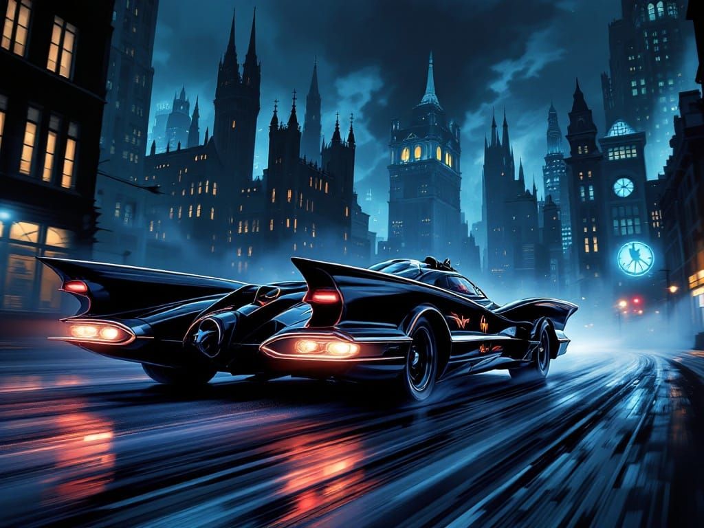 Sleek 1966 Batmobile Speeds Through Dark Gotham City Streets