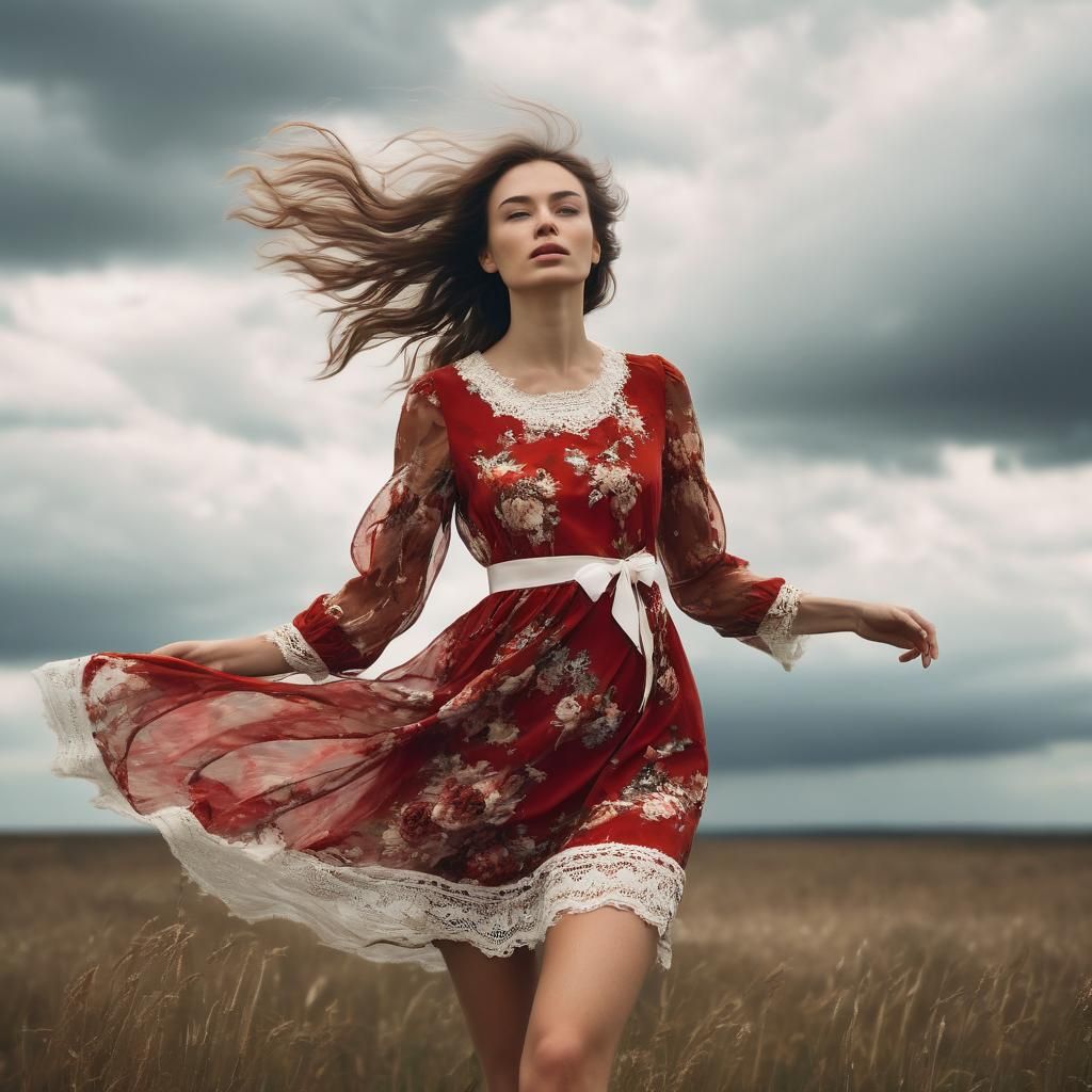 Wind-Swept Woman in Red Dress: Soft Focus Photography