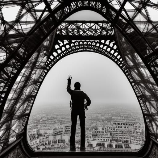 Parachutist at Eiffel Tower: Hyperrealistic Aerial Scene