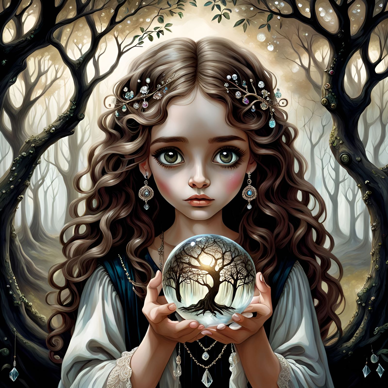Young Gypsy with Crystal Ball, Mixed Media Style