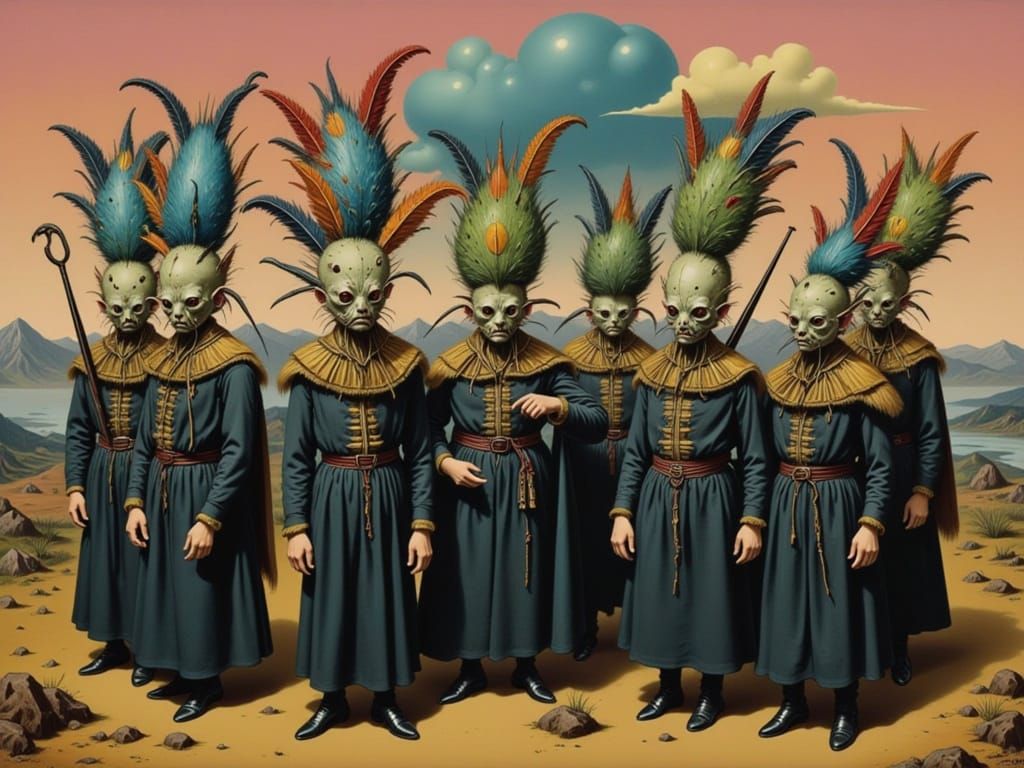 Cult Members with Bizarre Hats in Surreal Landscape