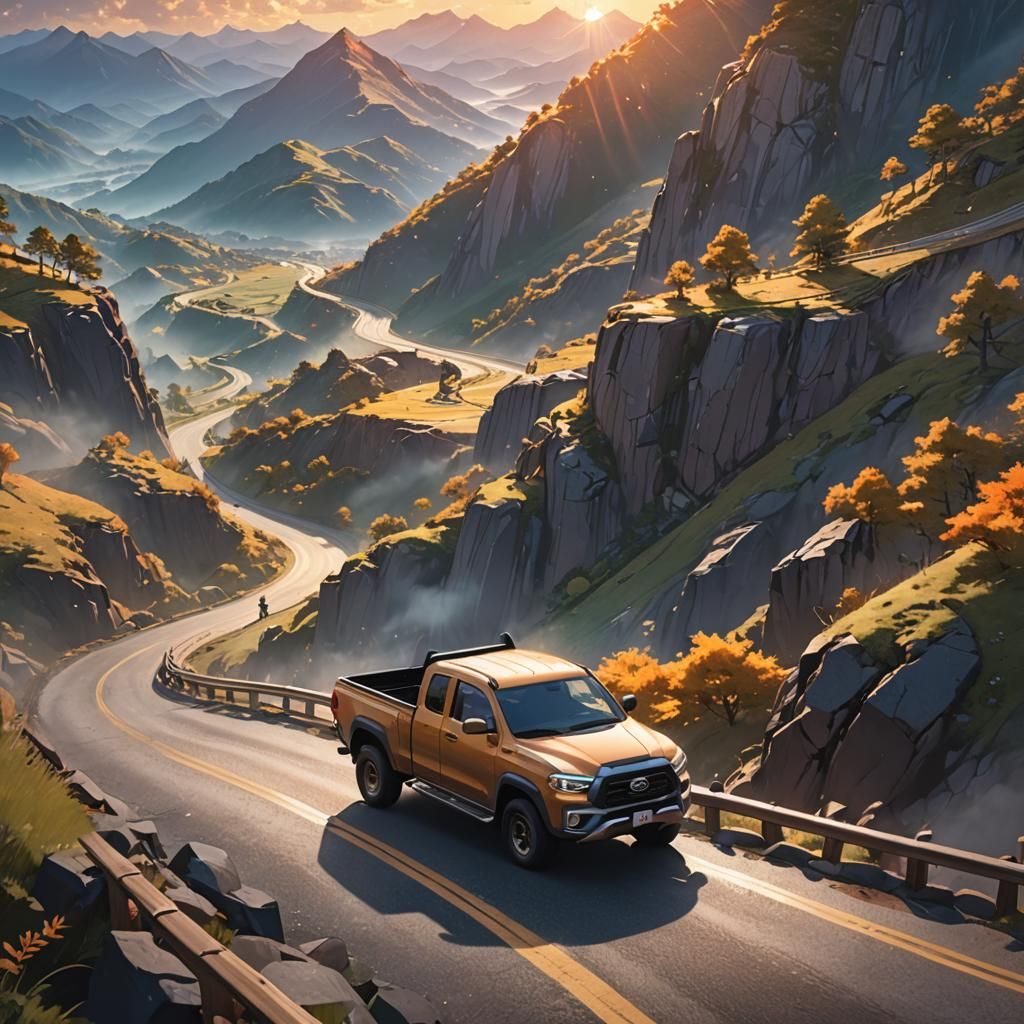 Girl Drives Truck on Mountain Road: 3D Anime Art