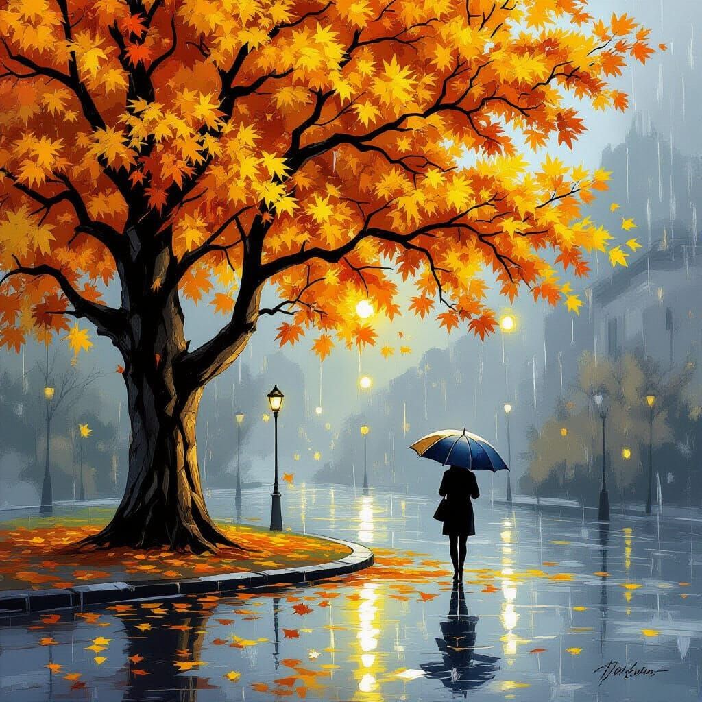 Golden Maple Tree With Traveler in Painterly Realism Style