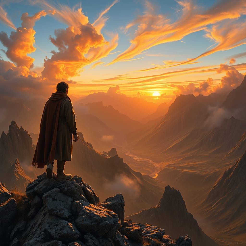 Windswept Traveler at Sunset in Romantic Landscape Style