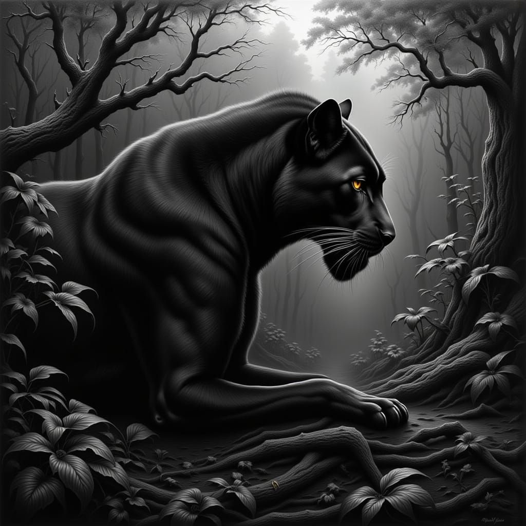 Moody Black and White Panther Painting in Jungle