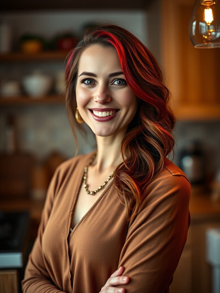 Elegant Woman in Warm Kitchen Glow