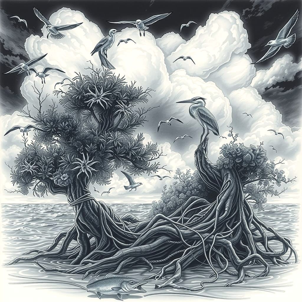 Surreal Mangrove Shore in Grayscale Tattoo Art Style