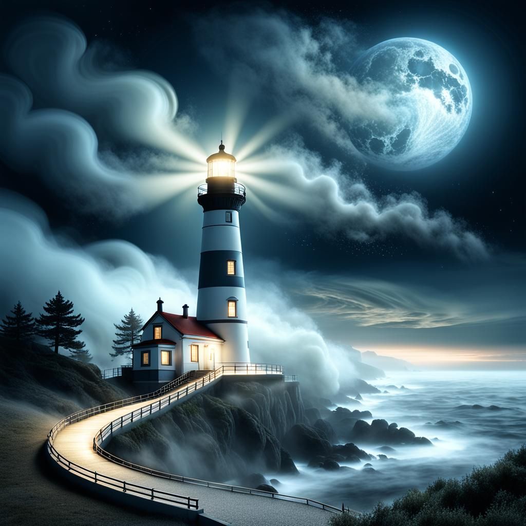 Lighthouse Illuminates Foggy Night with Fractal Clouds