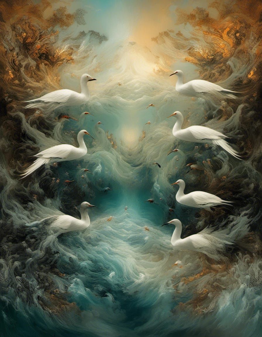 Sinister Gulls at Sunset: A Dramatic Painting