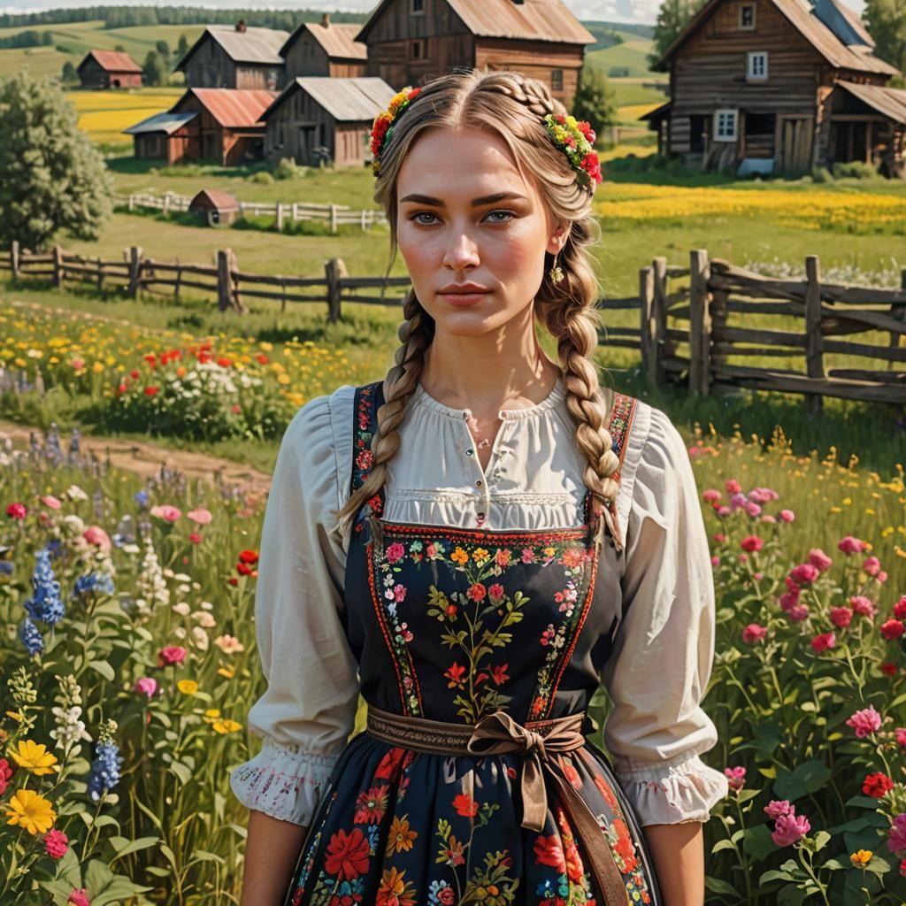 Attractive Russian Girl in Sarafan Dress, Countryside Settin...