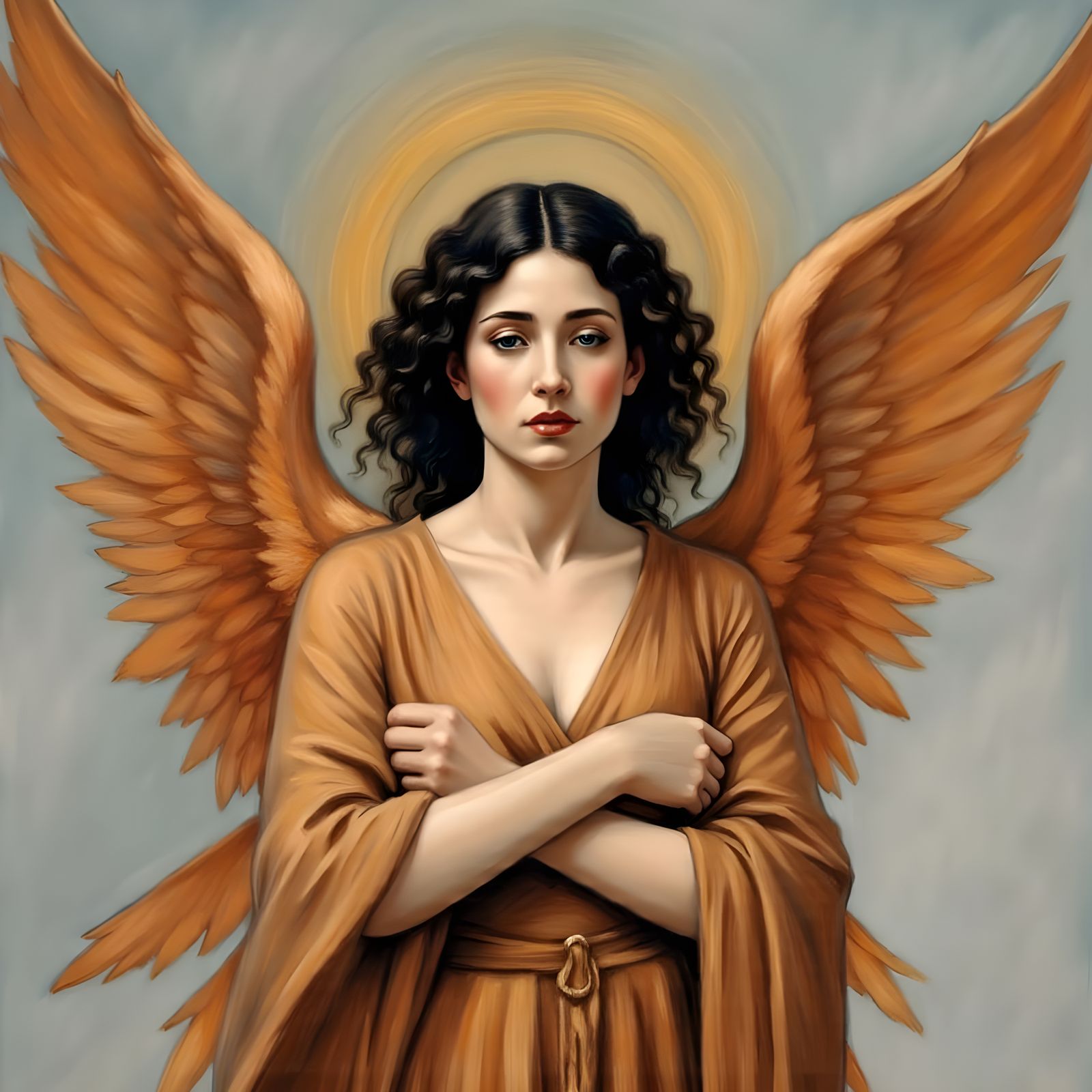 Serene Orthodox Angel in Vibrant Orange Wings and Devotional...