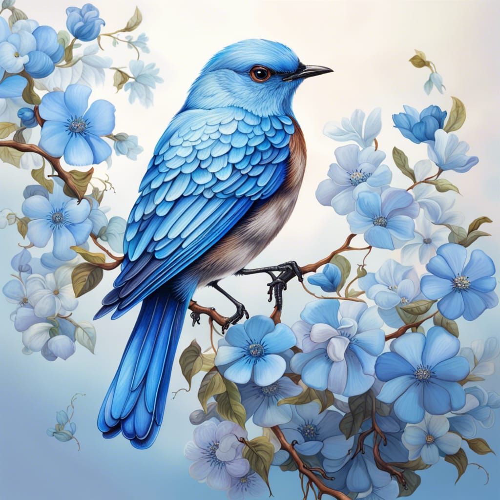 Bluebird Perched Among Pale Blue Flowers, Hyperrealistic Spl...