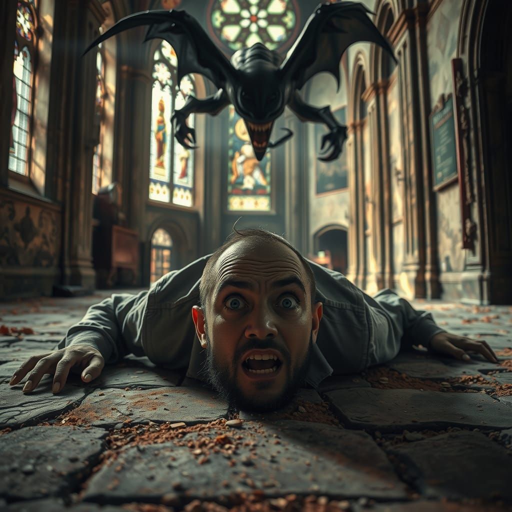 Devil Dominates Frightened Man in Abandoned Church
