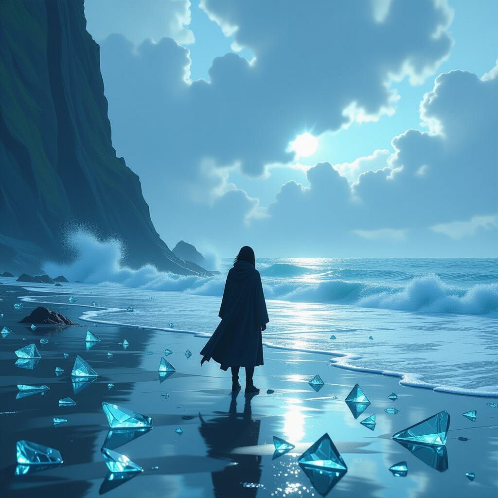Mystical Glass Beach Scene in Anime Style