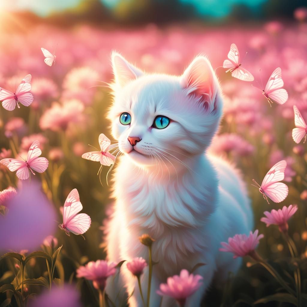 Kitten Gazing at Butterflies in Vaporwave Style