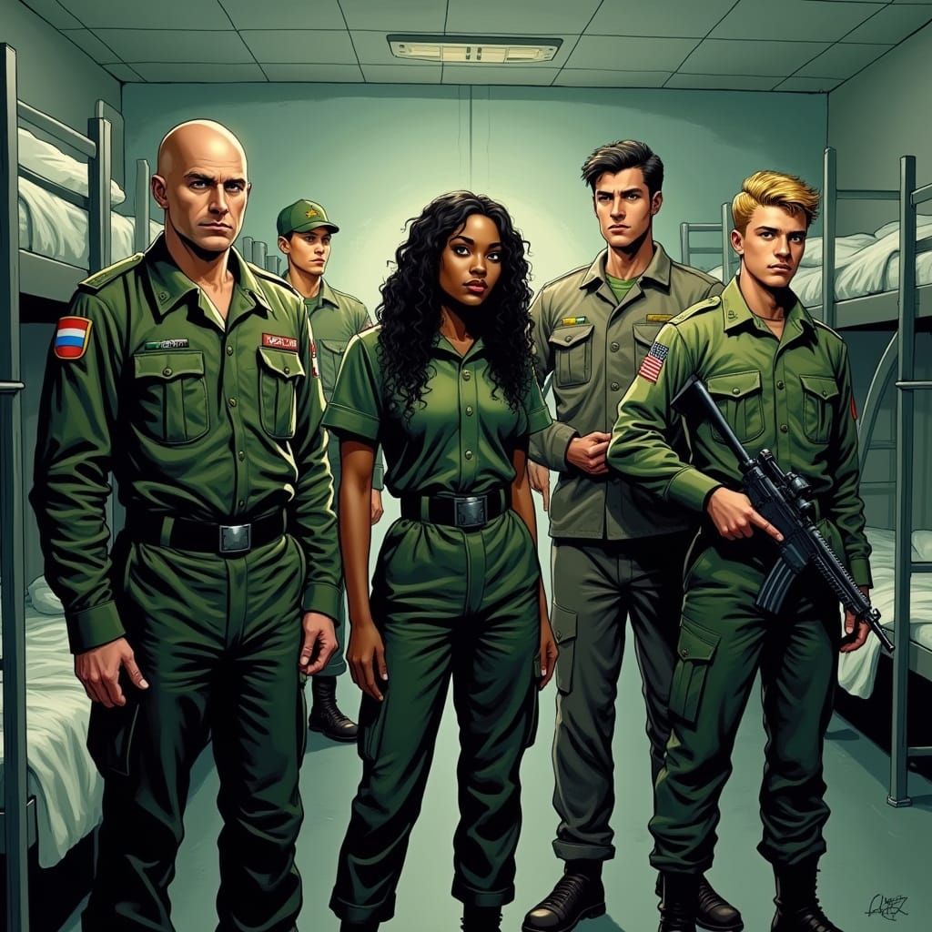 Diverse Soldiers in Barracks, Realistic Comic Book Style