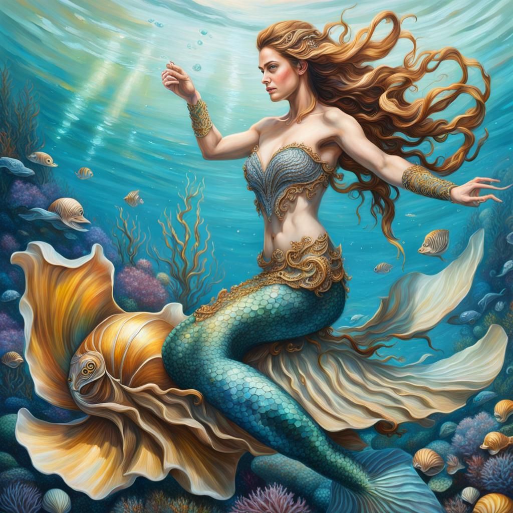 Hyperrealistic Mermaid on Nautilus Underwater