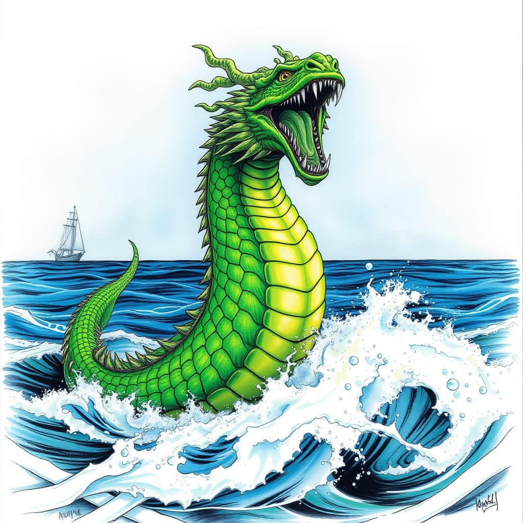 Green Sea Serpent Leaps from Ocean in Comic Art