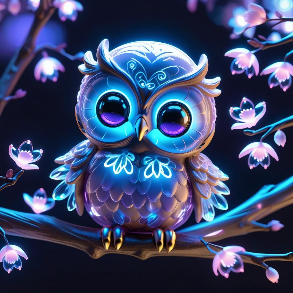 Chibi Owl Filled with Sakura Blooms in Neon Light
