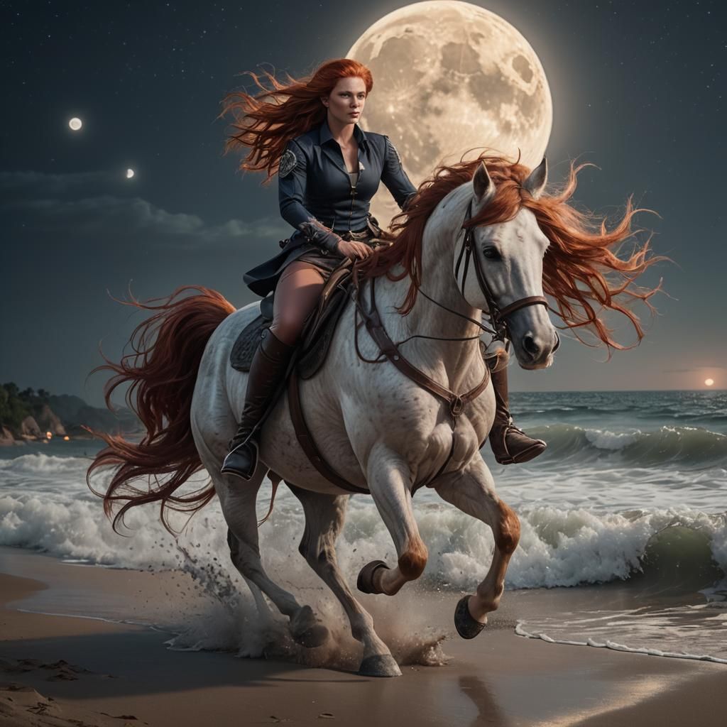 Red-Haired Woman on Horseback Under Moonlight