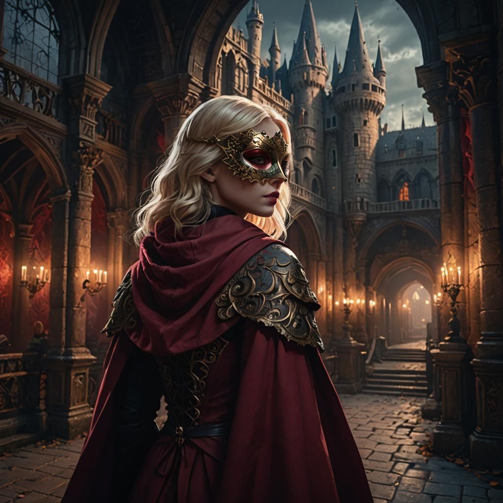 Woman in Mask Explores Dark Castle, Hyperdetailed Art