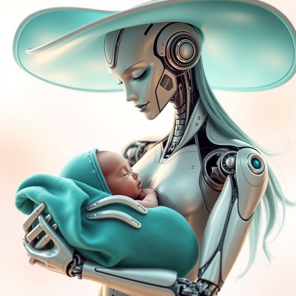 Futuristic Robot Woman with Newborn in Pastel Setting