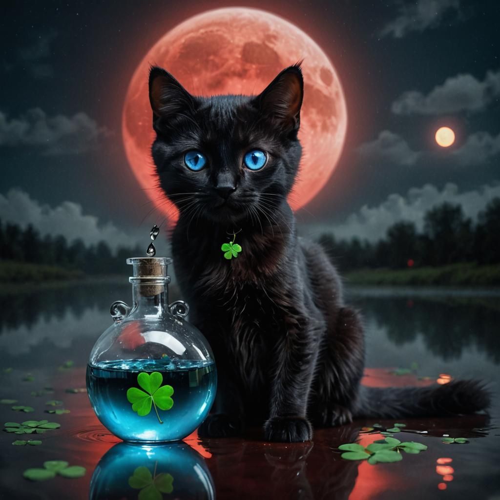 Adorable Black Cat Plays with Lucky Clover