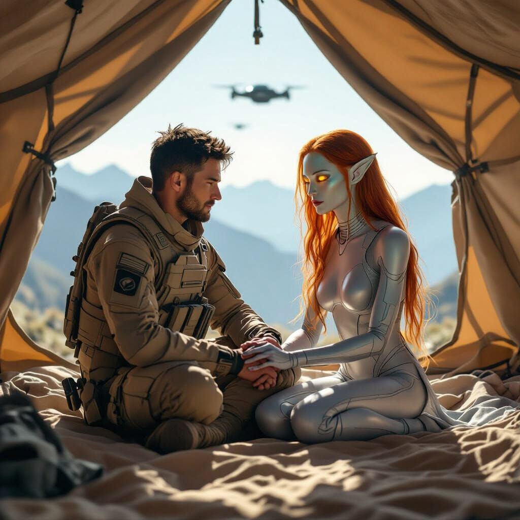 Soldier and Alien Connect in Mountain Tent