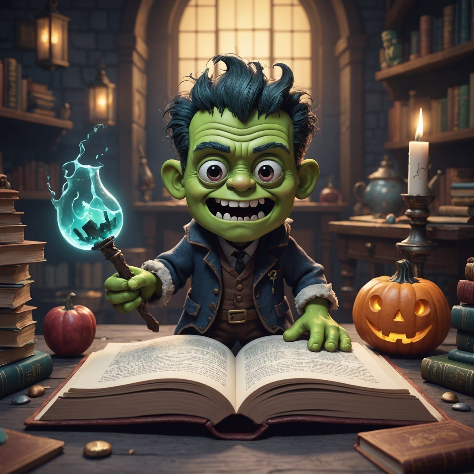 Adorable Frankenstein in Detailed Matte Painting Style