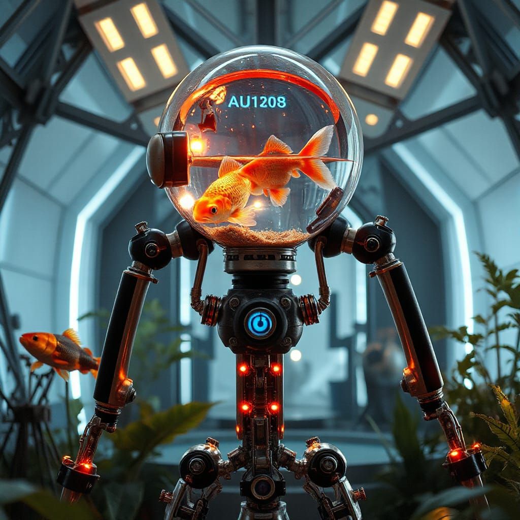 Cyberpunk Robot with Aquatic Head in Futuristic Garden