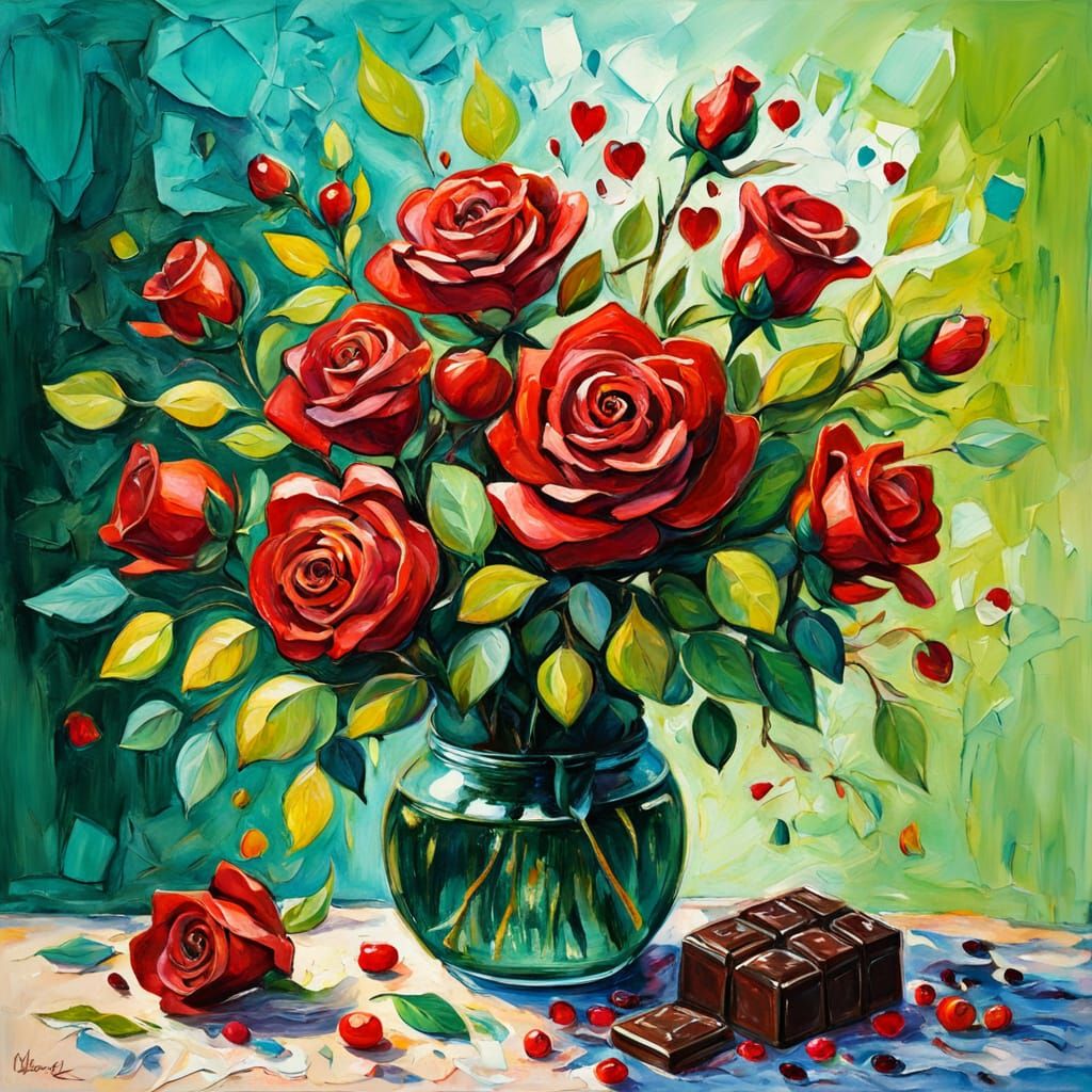 Neo-Impressionist Roses and Chocolates Oil Painting
