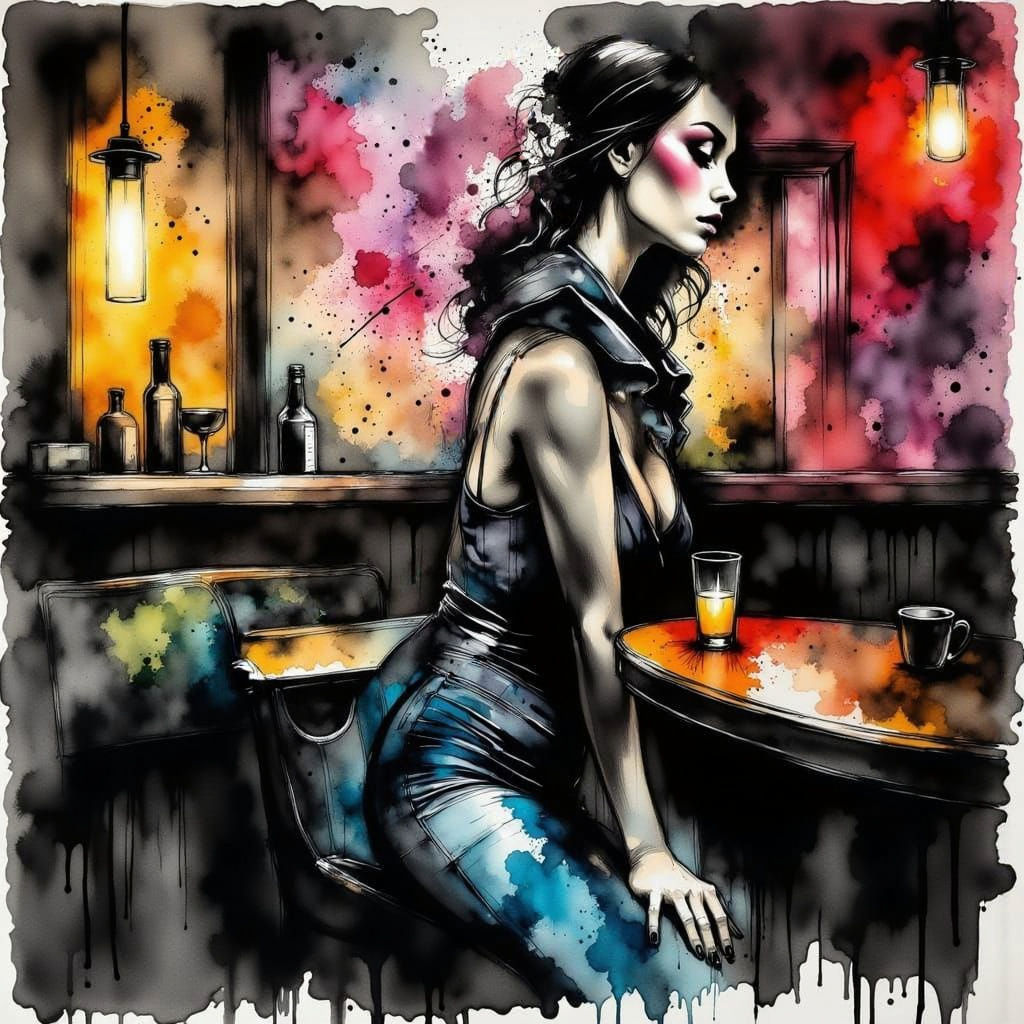 Woman in Bar, Charcoal and Ink Art