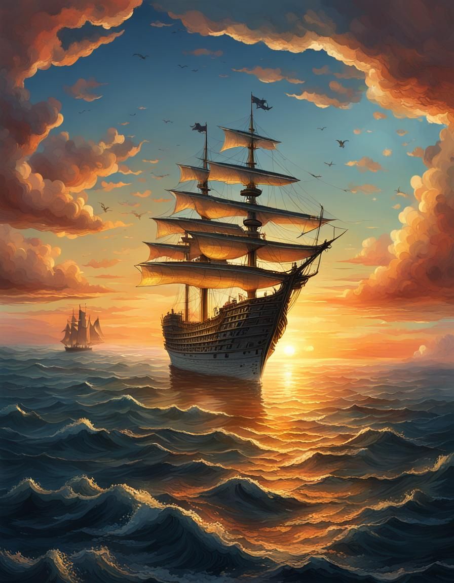 Fantasy Airship Silhouetted at Sunset