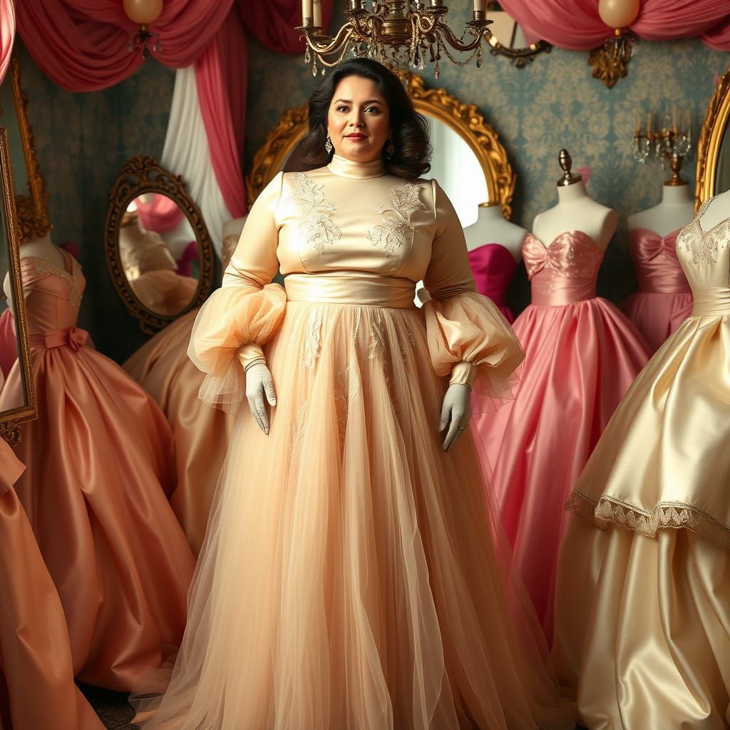 Living in a Satin Wonderland of Sissy Dresses, Satin Gowns, Satin Gloves and Big Makeup Mirrors. Oh My! Modest High Neck...