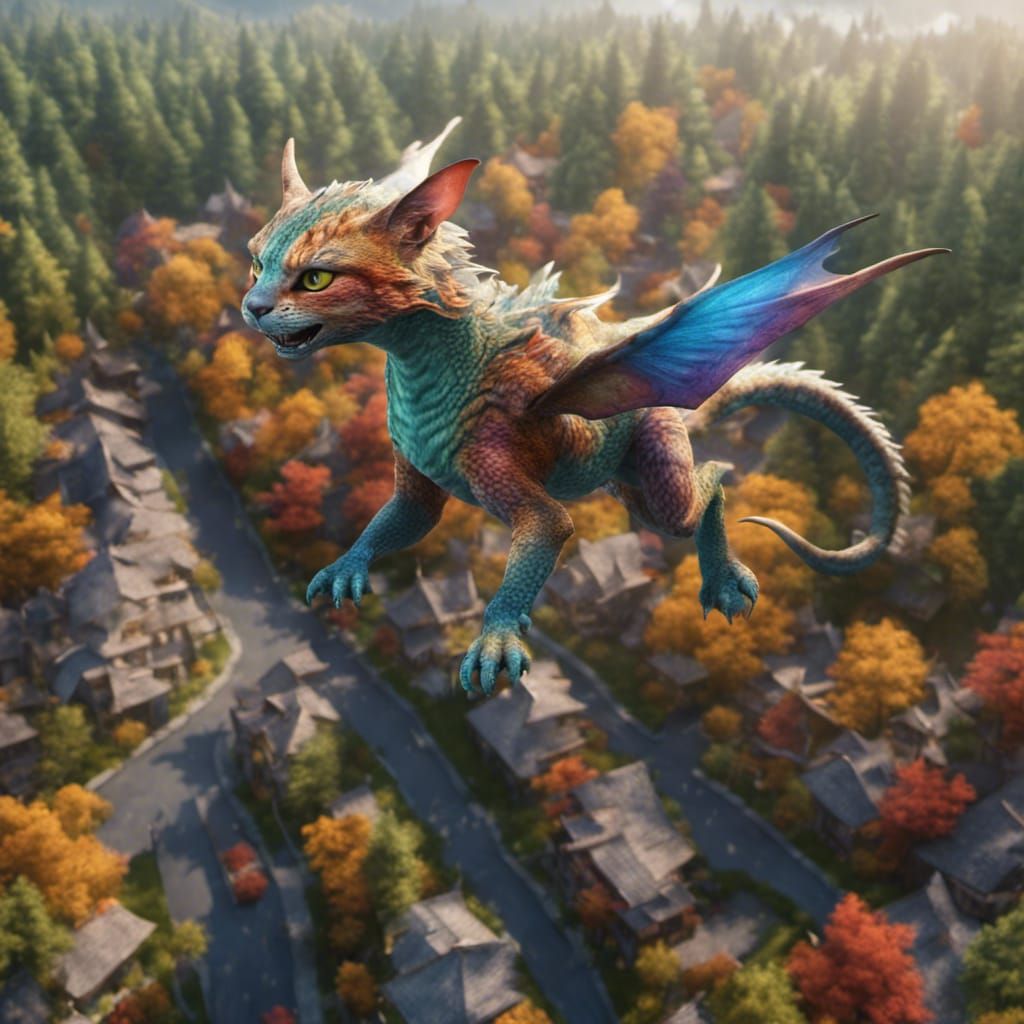 Colorful Dragon-Cat Hybrid Flight Over Forest Village