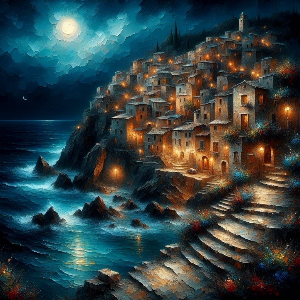 Mediterranean Coastal Town in Dark Fantasy Acrylic Style