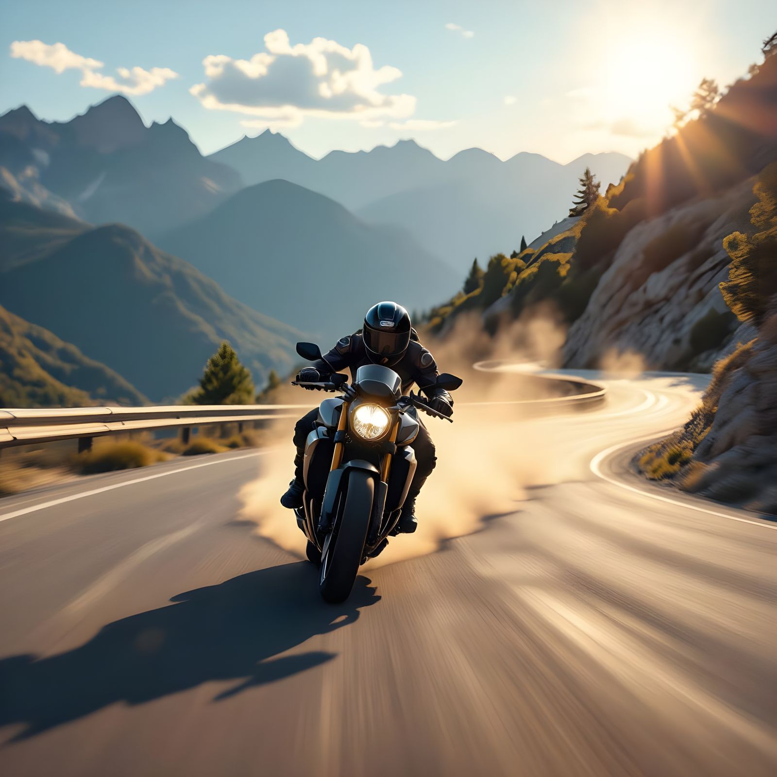 Motorcyclist Speeds Down Winding Mountain Road