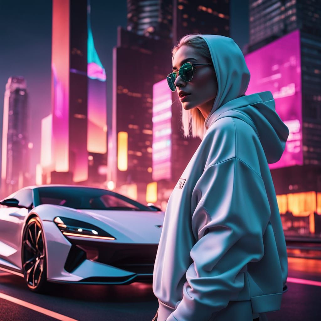 Blonde in Futuristic Cityscape with Neon Accents