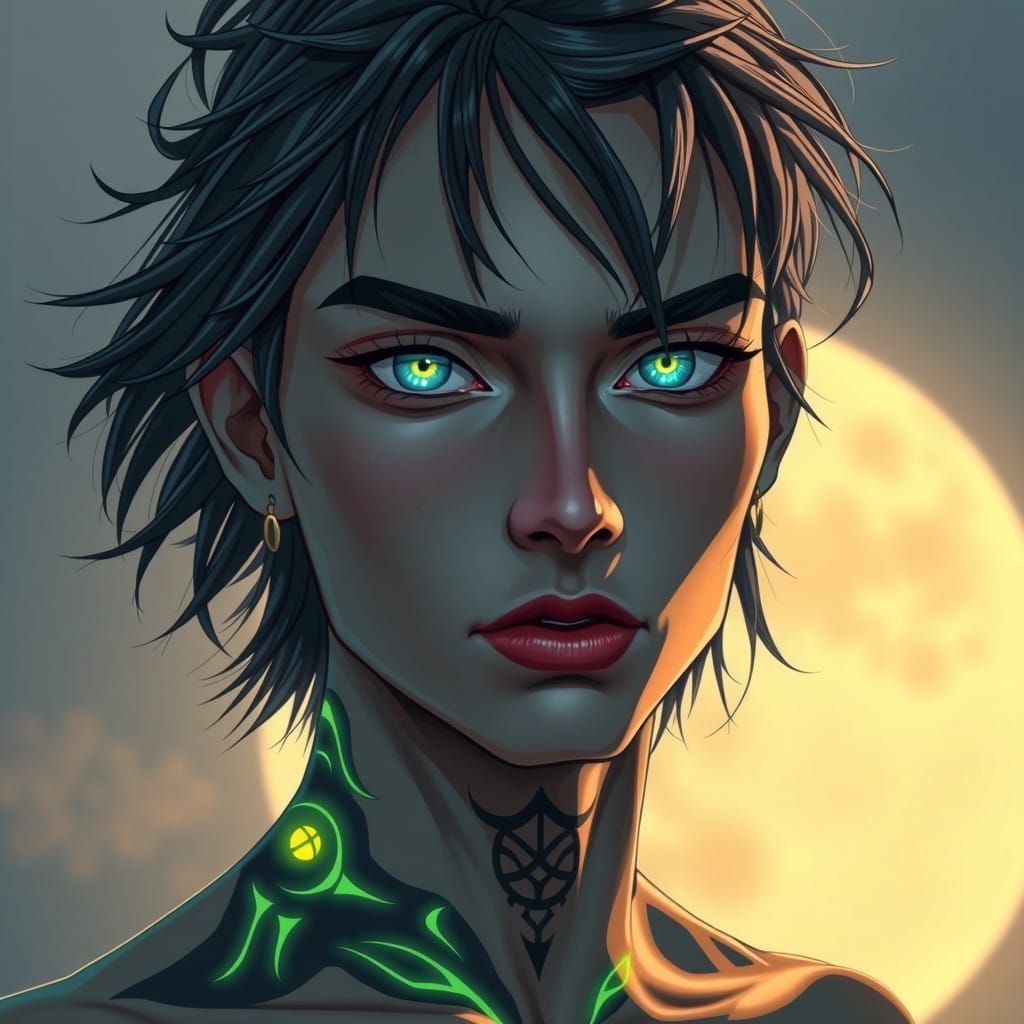 Androgynous Figure with Futuristic Tribal Tattoos in Lunar L...