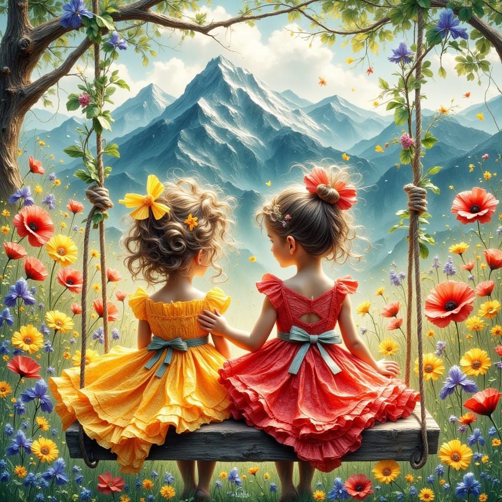 Whimsical Sisters in a Vibrant Floral Wonderland