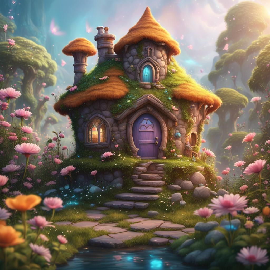 Cute Kitten's Fantastical Fairy House in Matte Painting