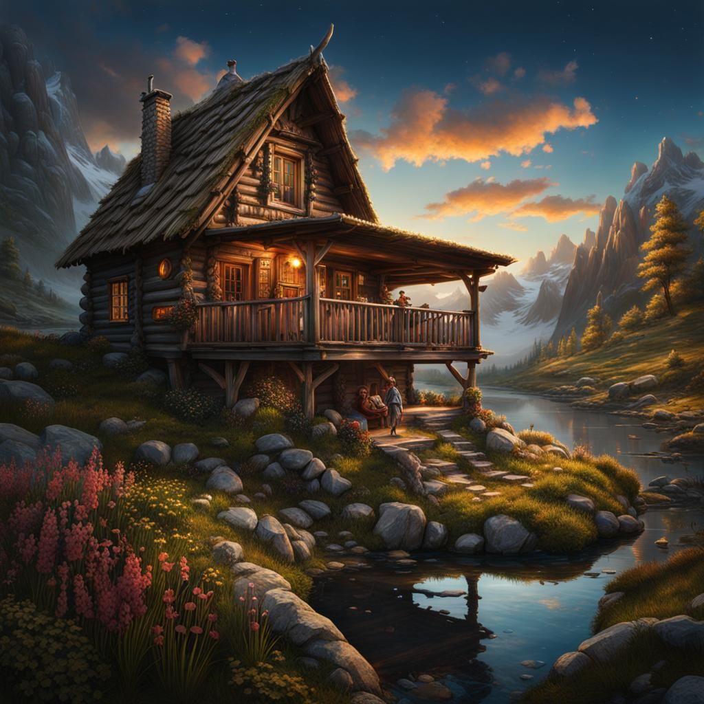 Cozy Western Log Cabin with Pond, Detailed Matte Painting