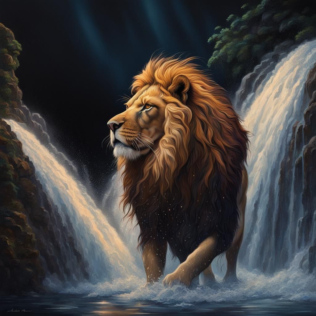 Lion Bathes in Moonlit Waterfall: Hyperrealistic Splash Art