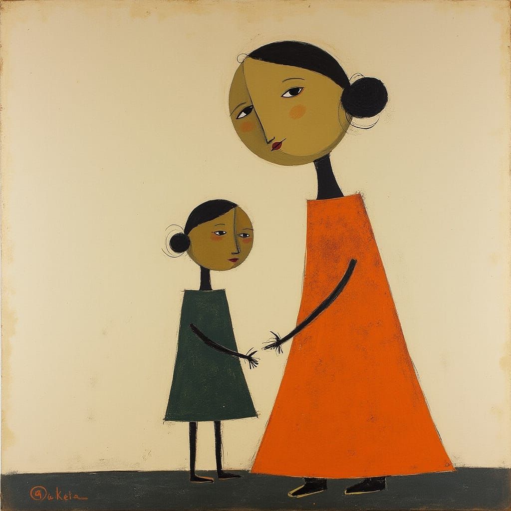 Minimalist Art of Woman and Child Inspired by Paul Klee