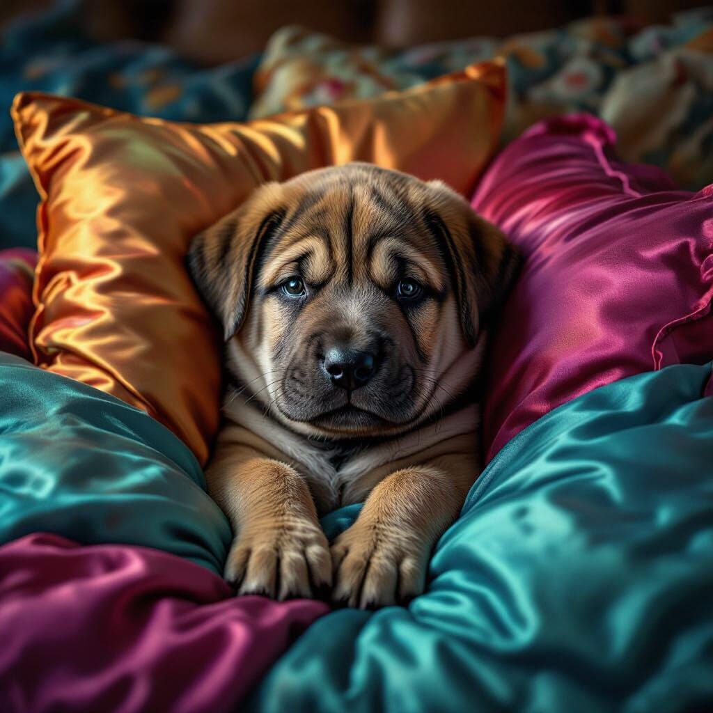 Adorable Sharpei Puppy in Silk Pillows, Hyperrealistic Image