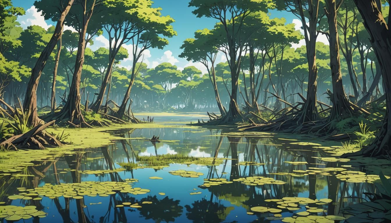 Anime Beach and Swamp in Cel-Shaded Style