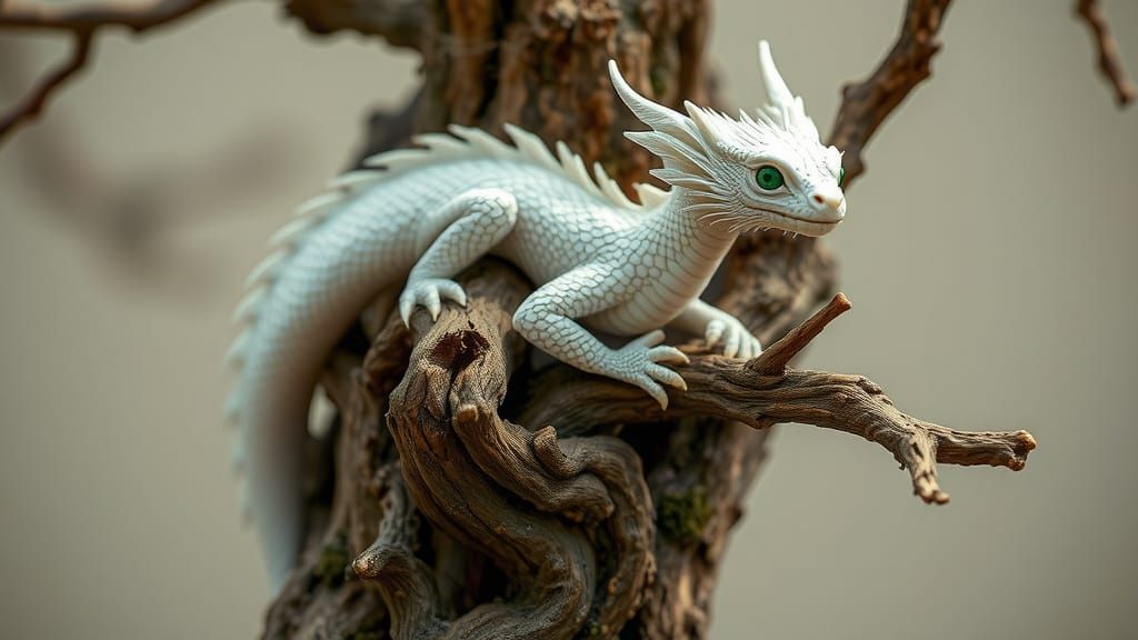Mystical White Dragon Adorns Ancient Bonsai Tree