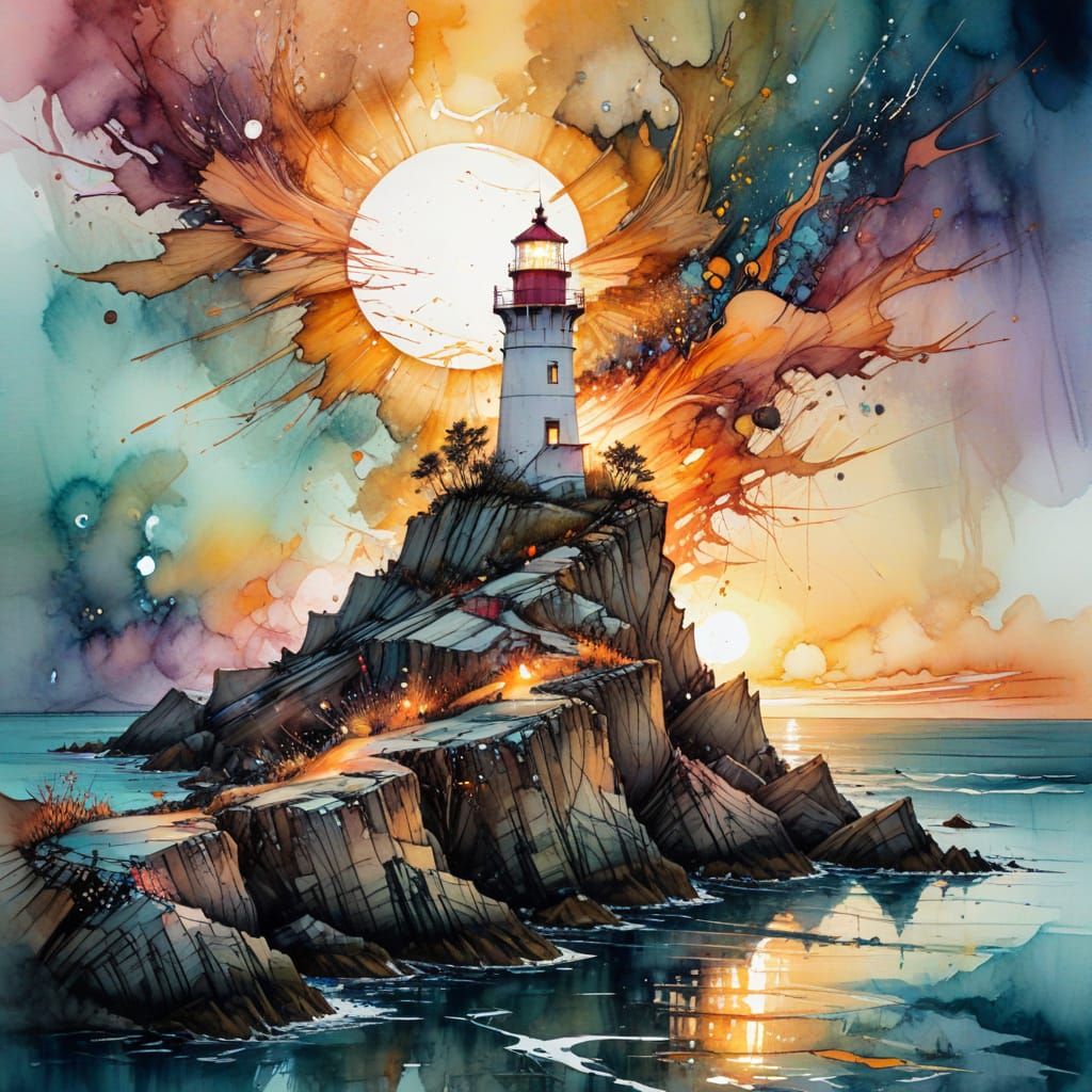 Luminous Lighthouse Amidst Sunset Oceanscape