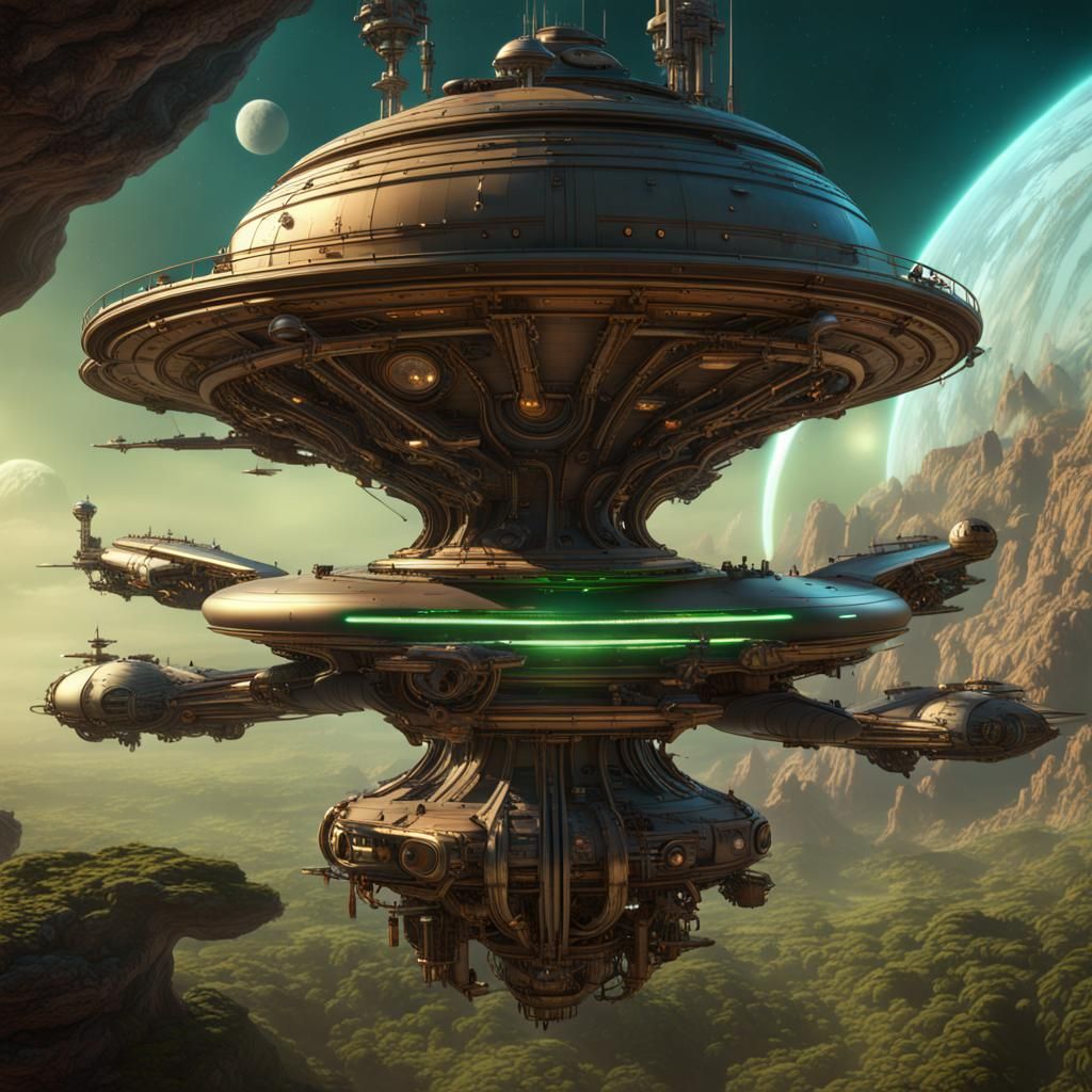 Steampunk Starship Enterprise in Orbit, Frazetta Style